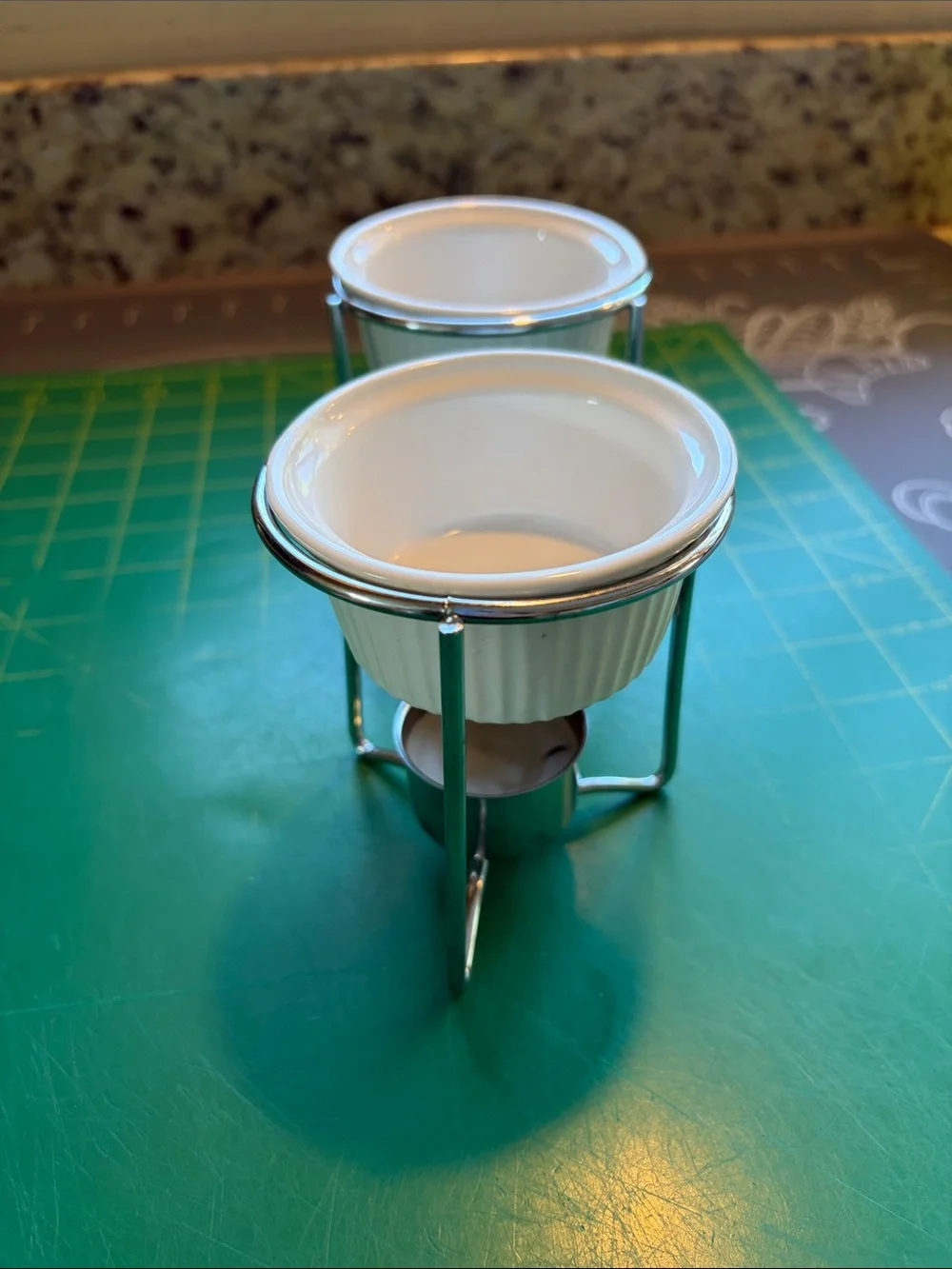 White Ceramic Butter Warmers with Chrome Stands - Set of 2
